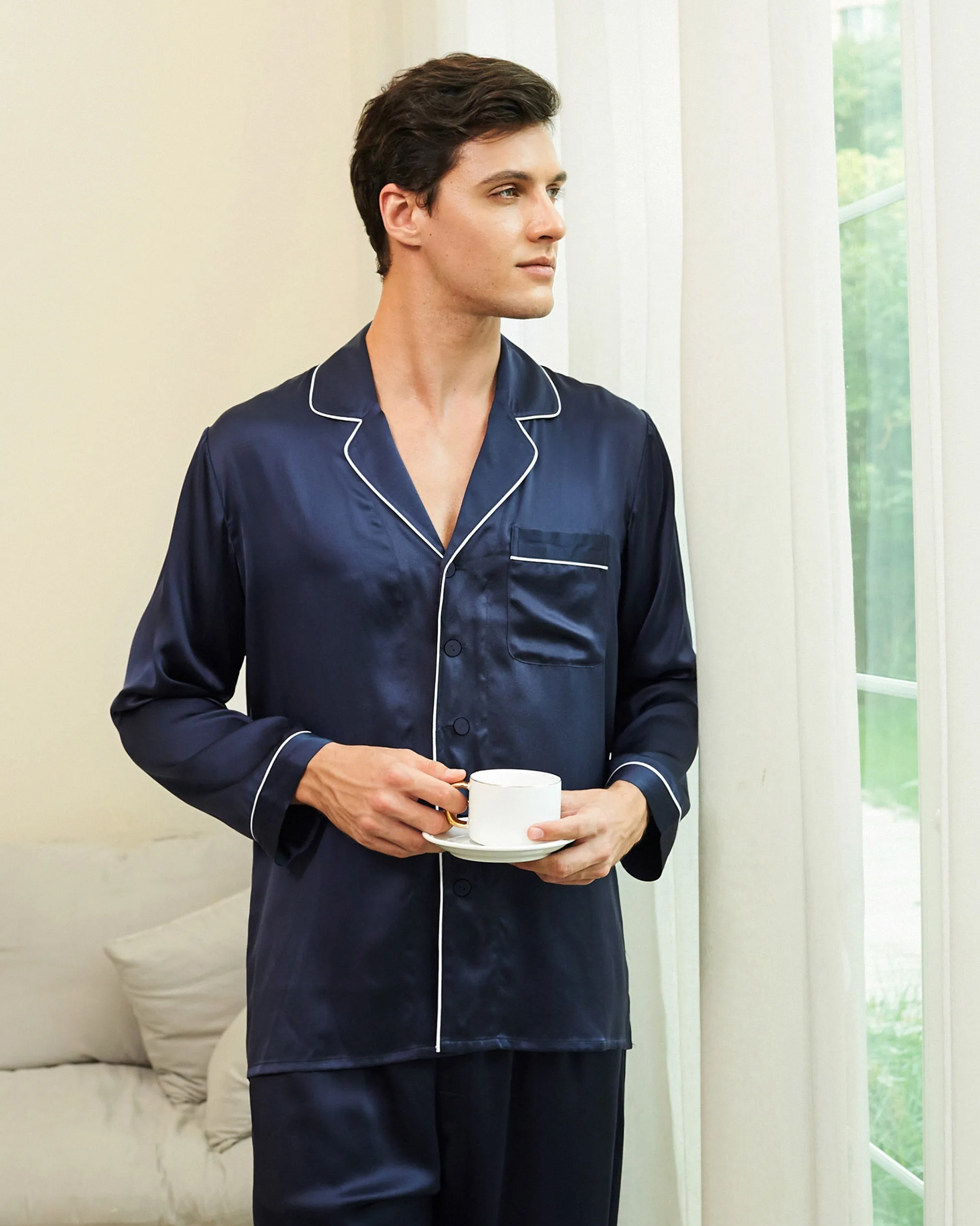 Clearance Piped Silk Pajamas - For Men