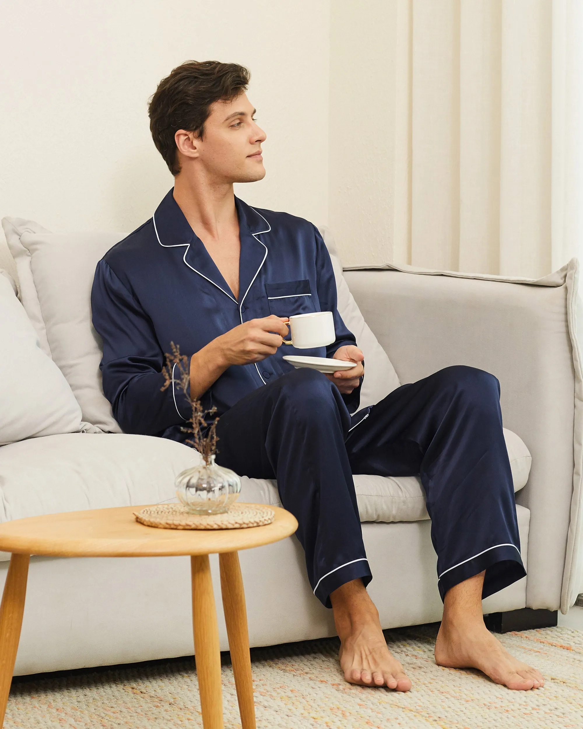 Clearance Piped Silk Pajamas - For Men