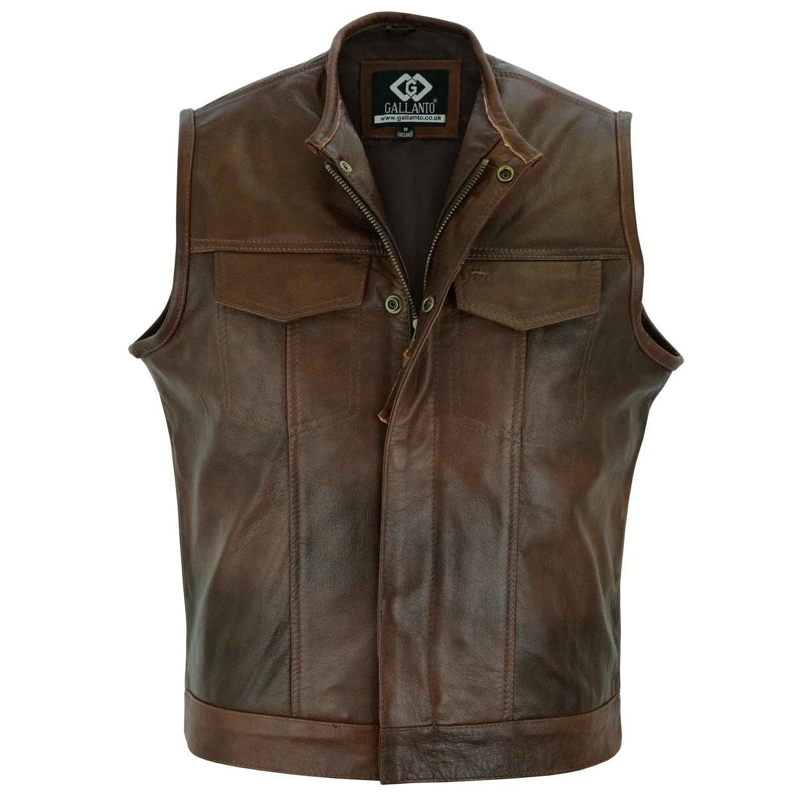 Collarless Sons of Anarchy Cut Off Cowhide Leather Vest Biker Motorcycle