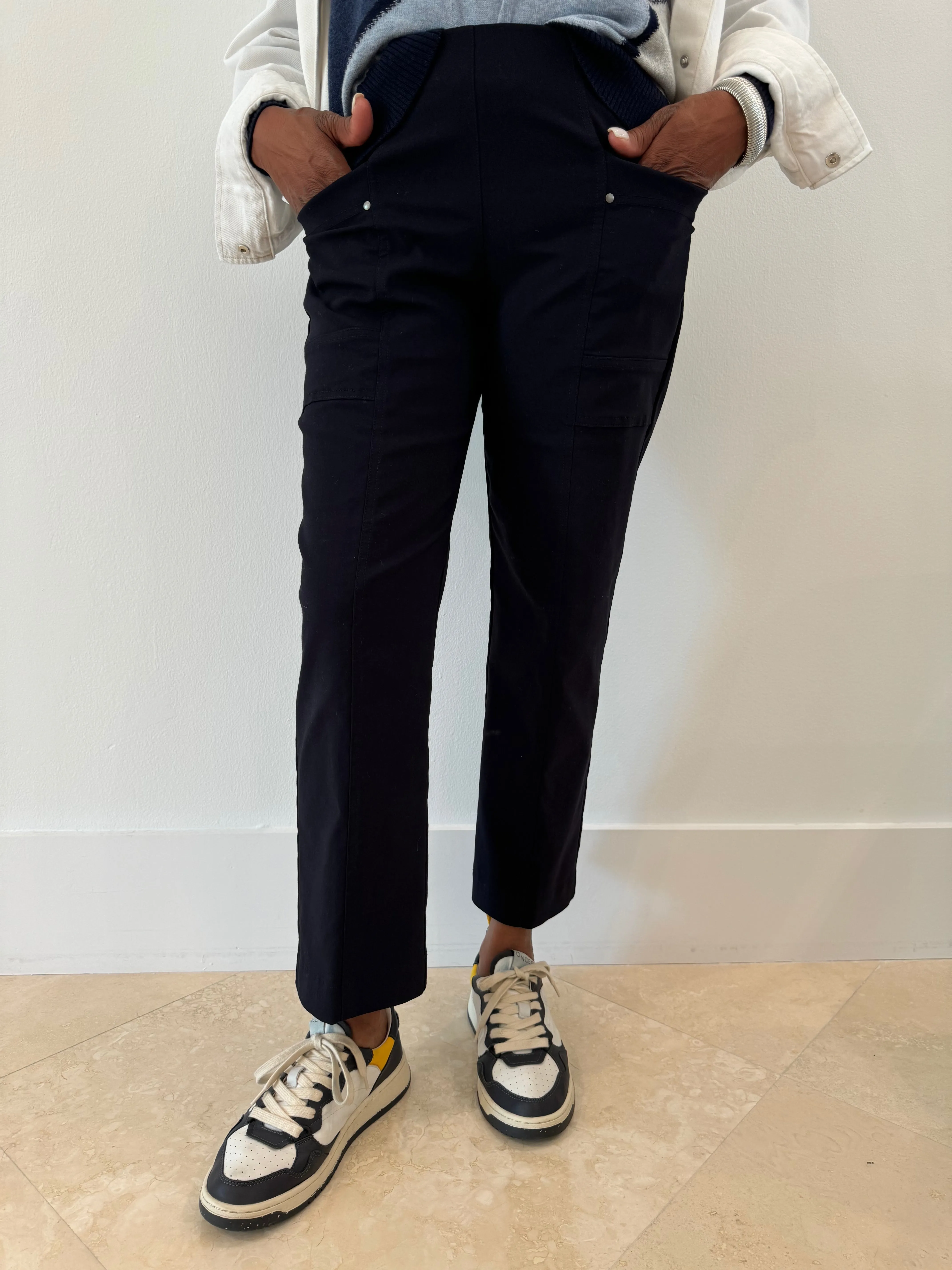 Crop Cargo Pants With Rivet Details - Navy