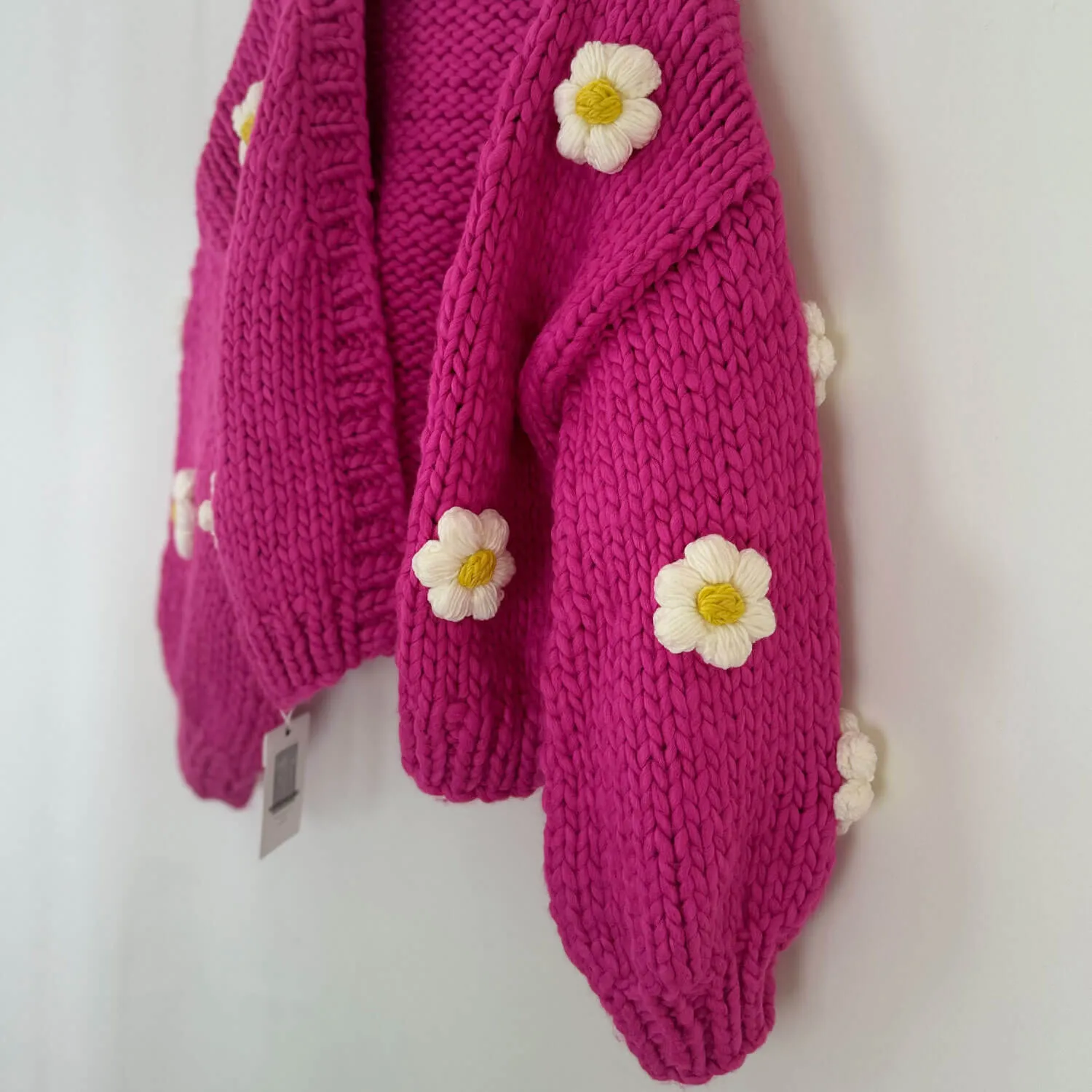 Cute Puff Sleeve Hand Knit Chunky Yarn Floral Cropped Cardigan