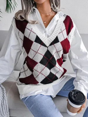 Diamond Knitted V Neck Sweater - Ribbed Vest