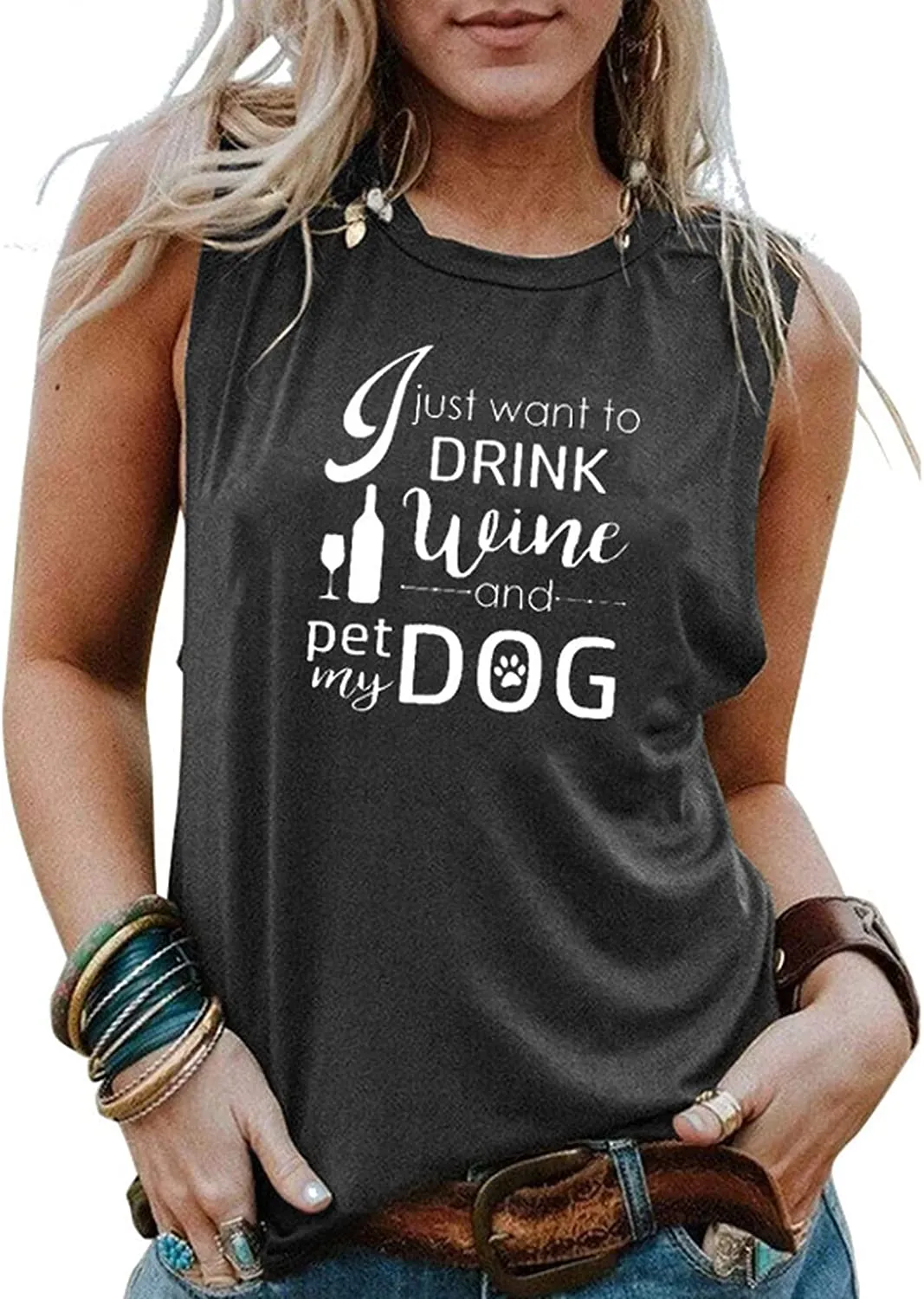 Drinking Dog Mom Tank Tops Women I Just Want to Drink Wine and Pet with My Dog Shirt