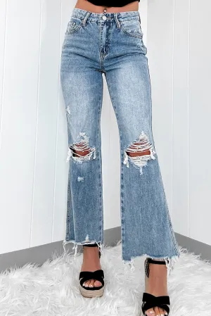 Dusk Blue High Rise Ripped Distressed Hem Flared Jeans