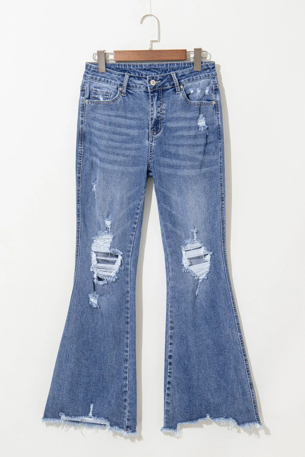 Dusk Blue High Rise Ripped Distressed Hem Flared Jeans