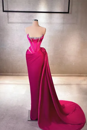 Elegant Column Square Sleeveless Rhinestone Satin Fuchsia Long Prom Dress