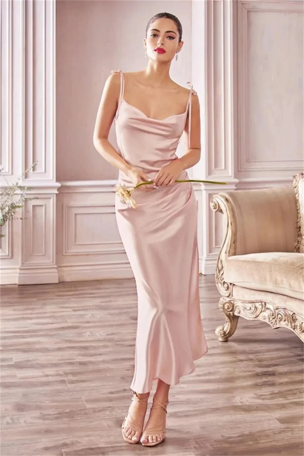 Elegant Cowl Neck Satin Bridesmaid Dress with Side Slit