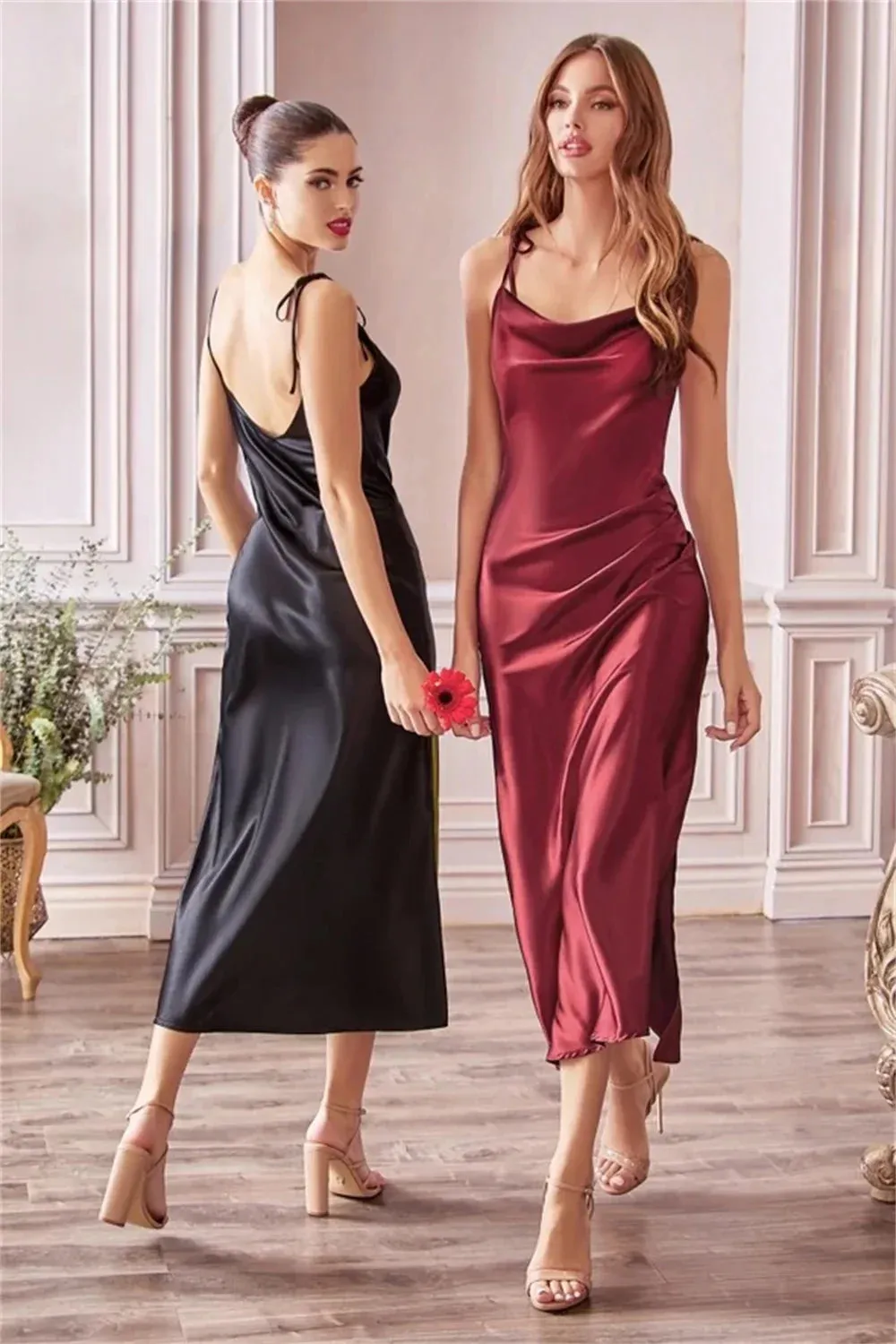 Elegant Cowl Neck Satin Bridesmaid Dress with Side Slit