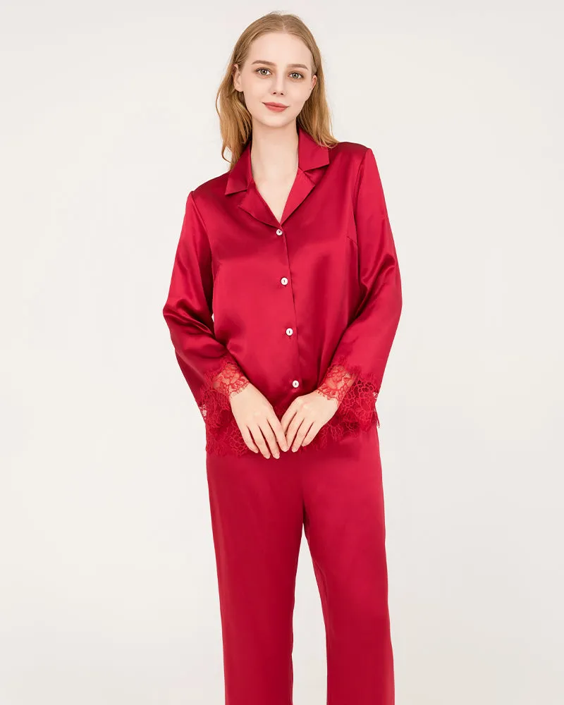 Elegant Lace Trim Silk Pajamas Set