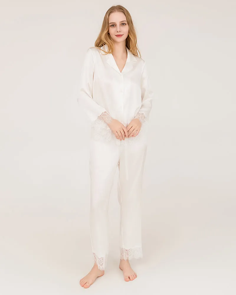 Elegant Lace Trim Silk Pajamas Set