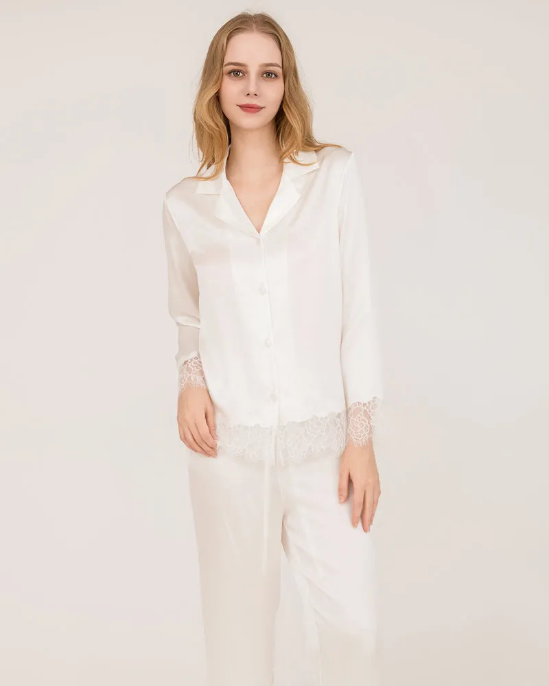 Elegant Lace Trim Silk Pajamas Set