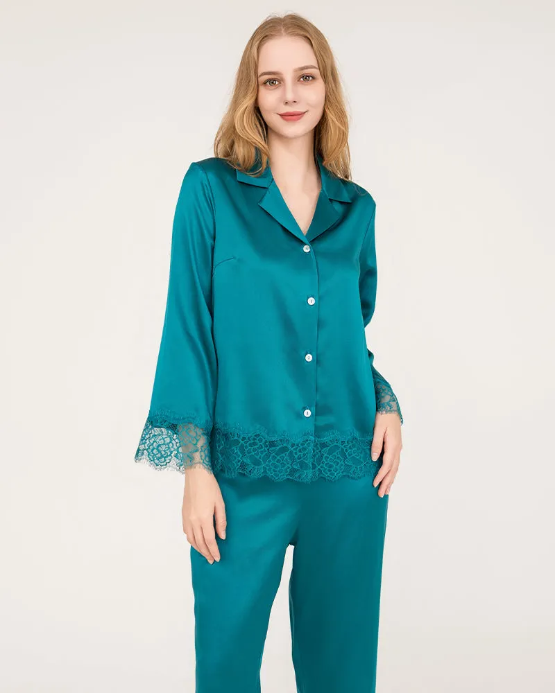 Elegant Lace Trim Silk Pajamas Set