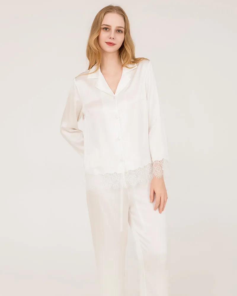 Elegant Lace Trim Silk Pajamas Set