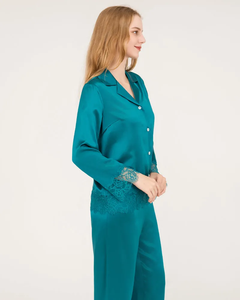 Elegant Lace Trim Silk Pajamas Set