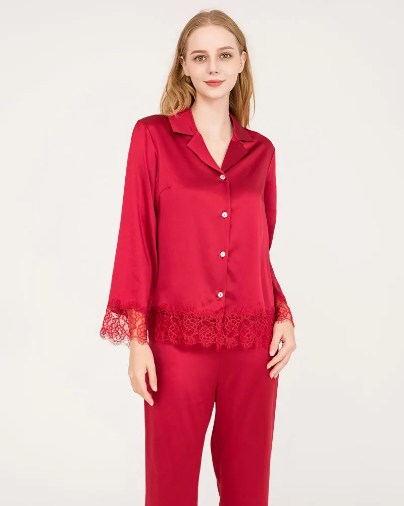 Elegant Lace Trim Silk Pajamas Set