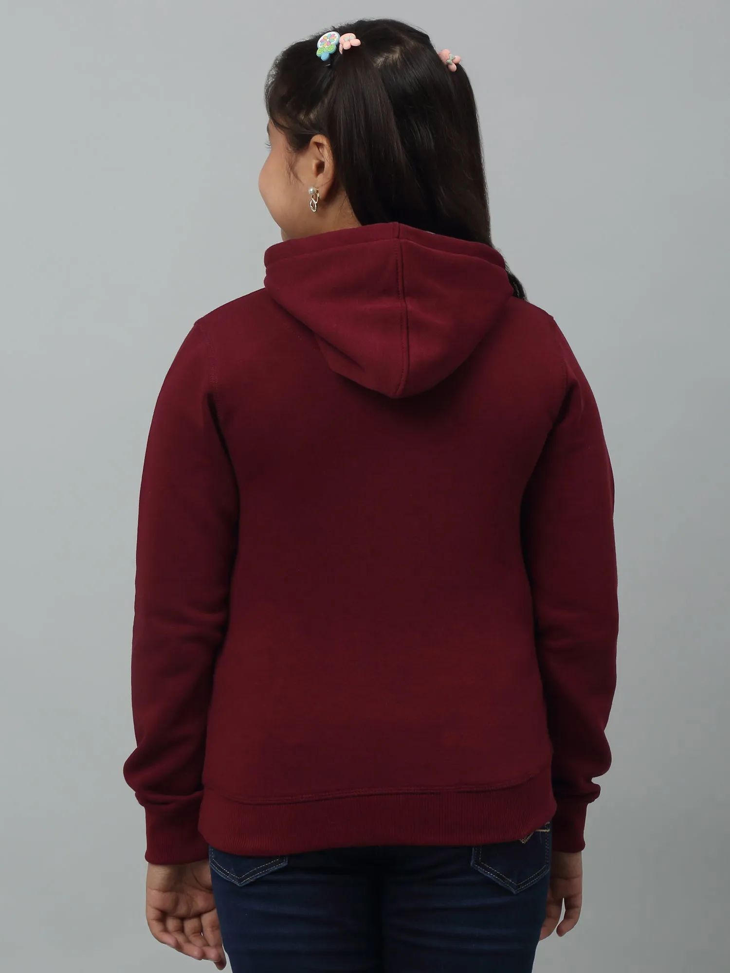 Girls Maroon Printed Hooded Neck Sweatshirt For Winter