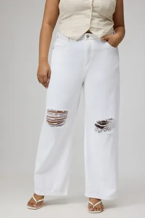 Glacial White Ripped Wide-Leg Jeans