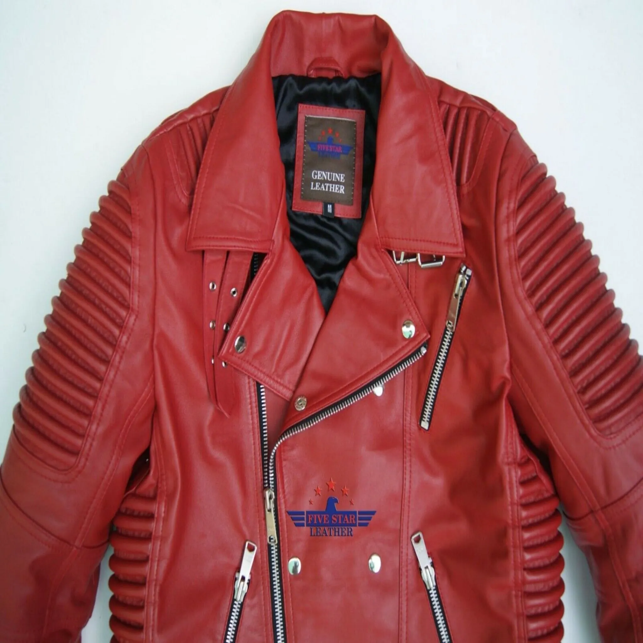 God Gift Men Red BUILD FOR SPEED Motor Biker Real Leather Jacket