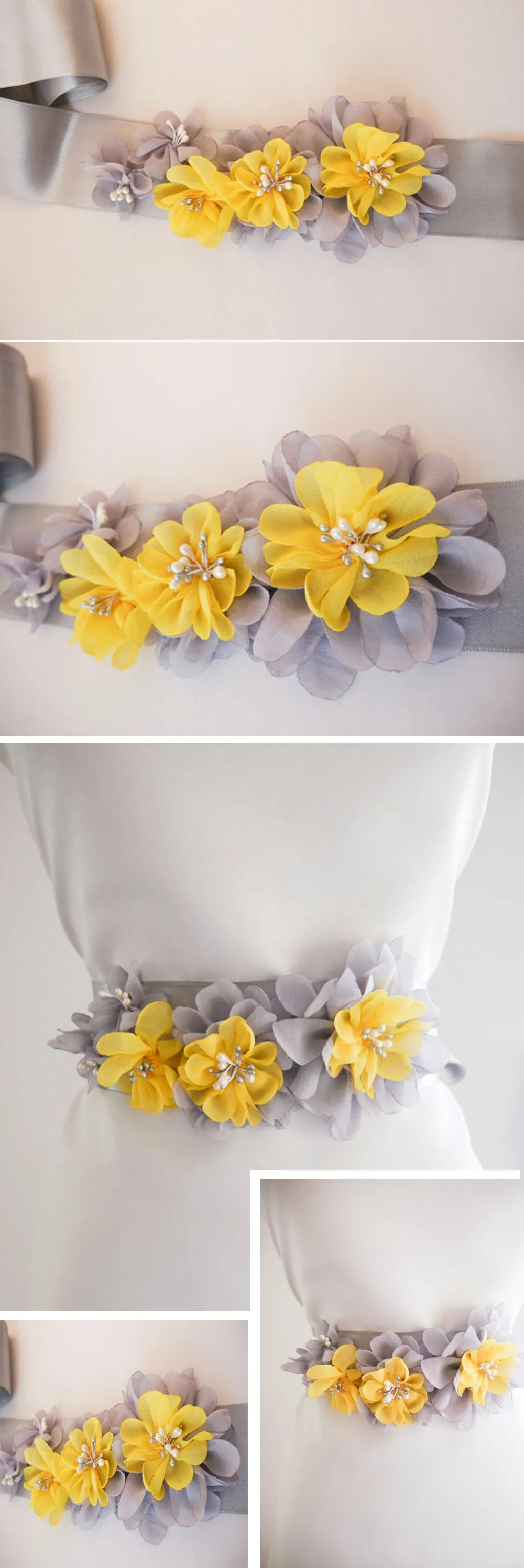 Gray And Yellow Sash, Handmade Flowers Girl Sash, Elegant Satin Sash,Pretty Bridesmaids Sash, SA0010