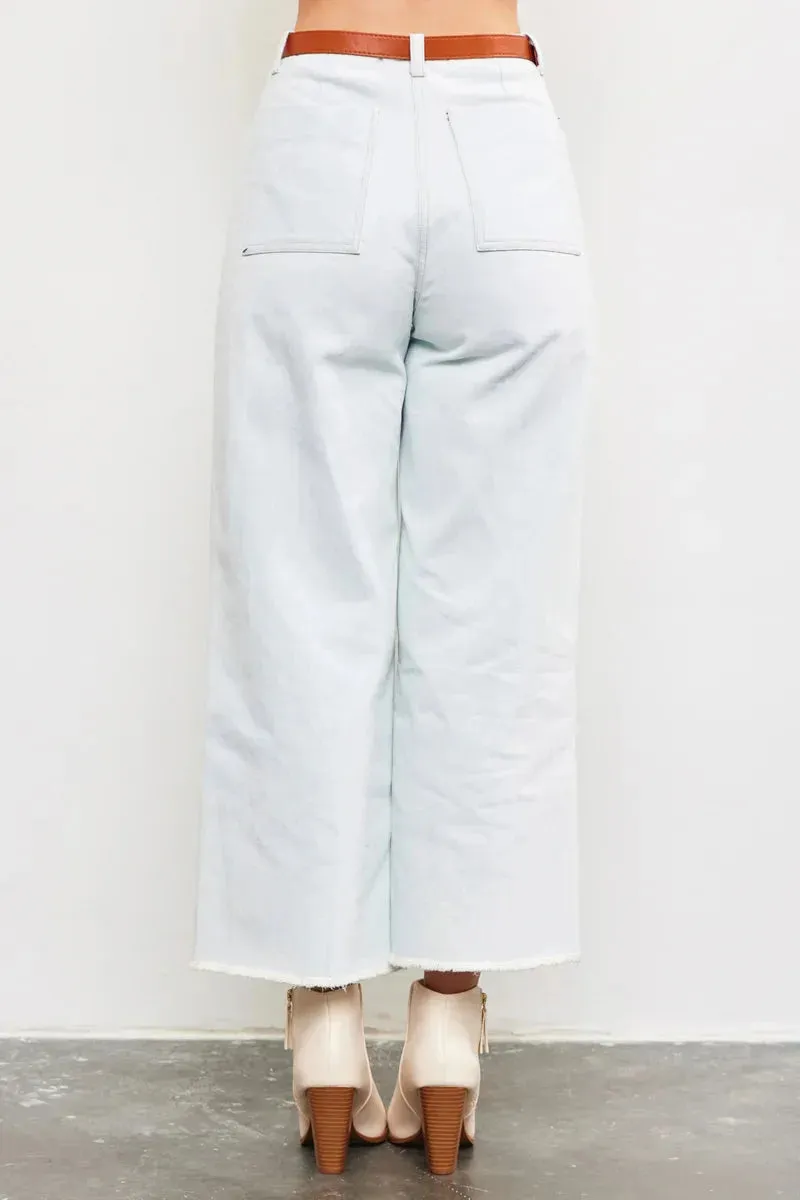 High Rise Cropped Belted Fray Hem Denim Jeans