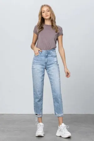 High Waist Ripped Hem Tapered Jeans