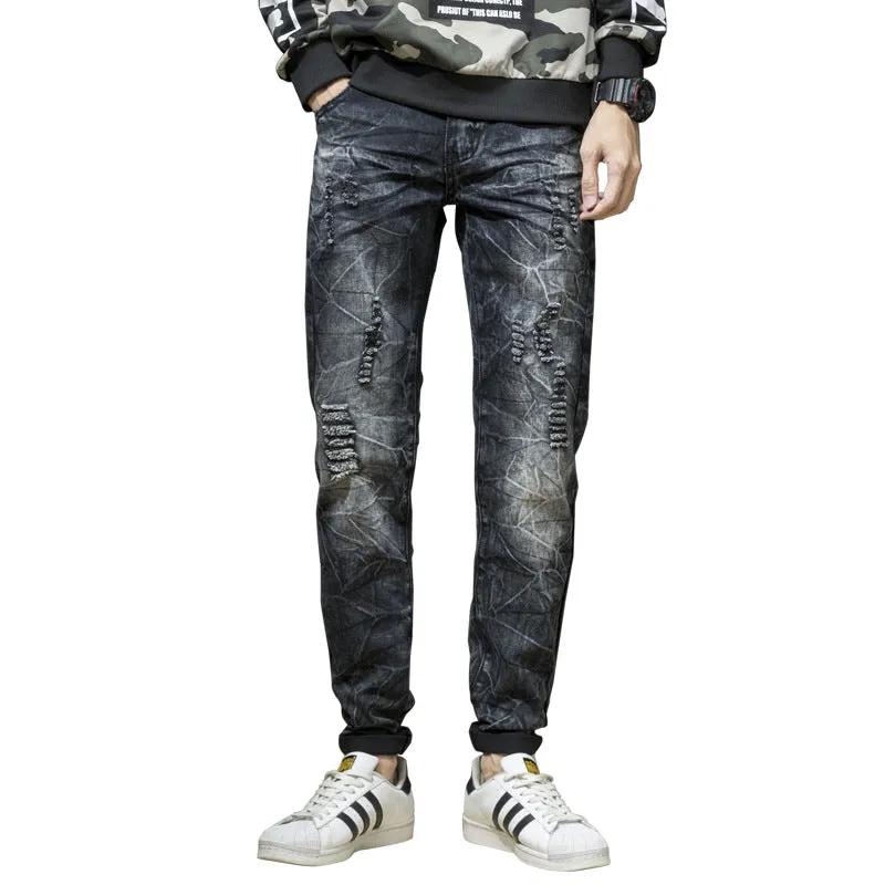 Hip-hop Streetwear Men's Ripped Jeans Straight Pants Mid Waist Jeans