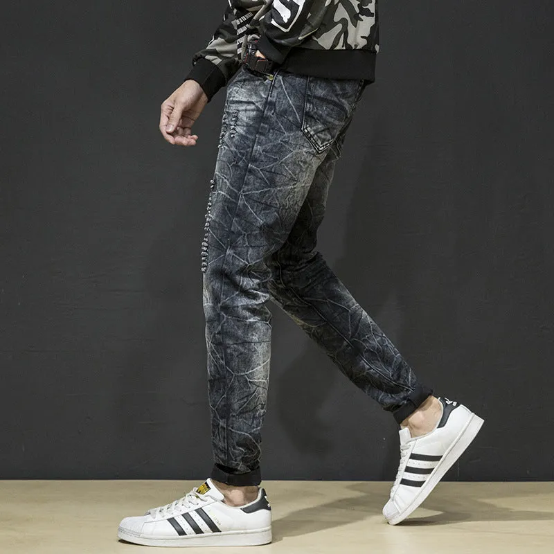 Hip-hop Streetwear Men's Ripped Jeans Straight Pants Mid Waist Jeans