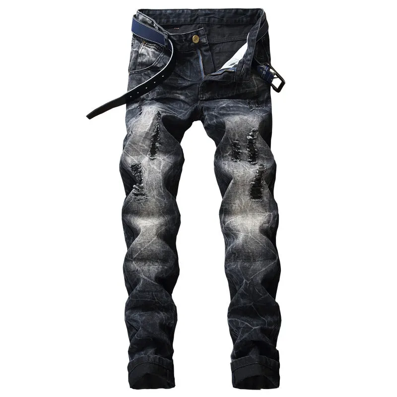 Hip-hop Streetwear Men's Ripped Jeans Straight Pants Mid Waist Jeans