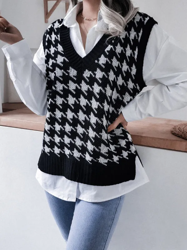 Knitted V Neck Sweater - Houndstooth Vest