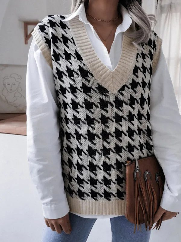 Knitted V Neck Sweater - Houndstooth Vest