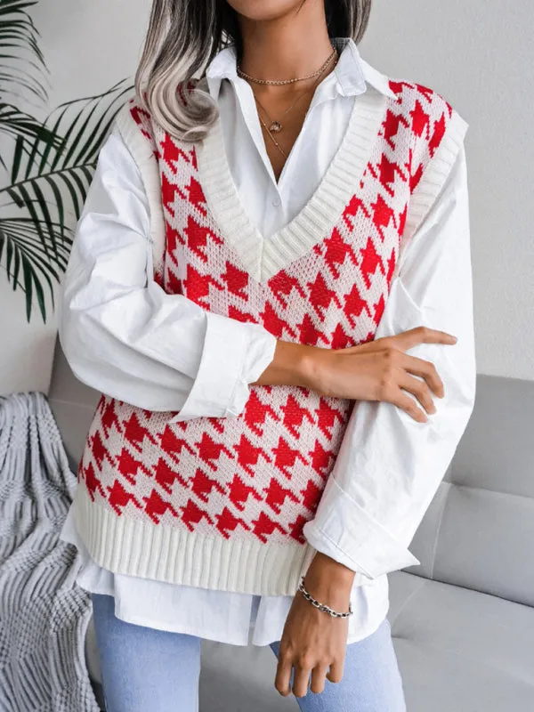 Knitted V Neck Sweater - Houndstooth Vest