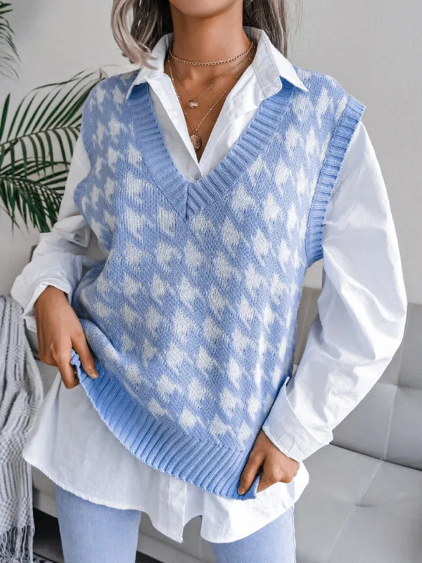 Knitted V Neck Sweater - Houndstooth Vest