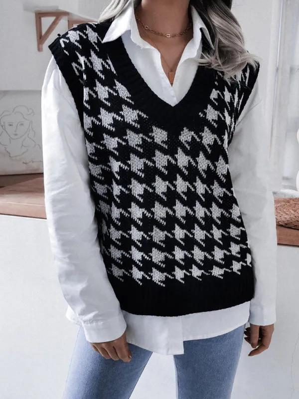 Knitted V Neck Sweater - Houndstooth Vest