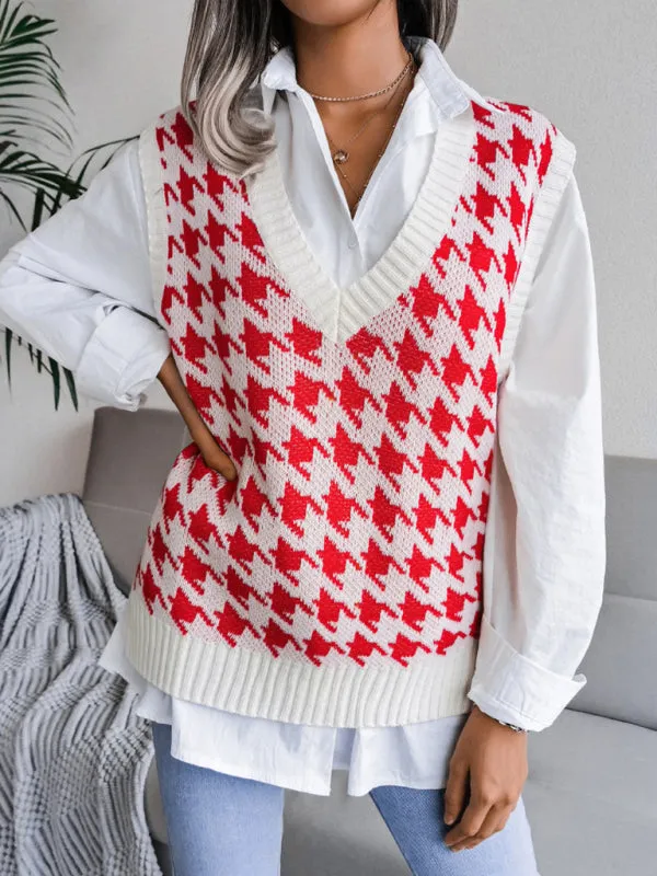 Knitted V Neck Sweater - Houndstooth Vest