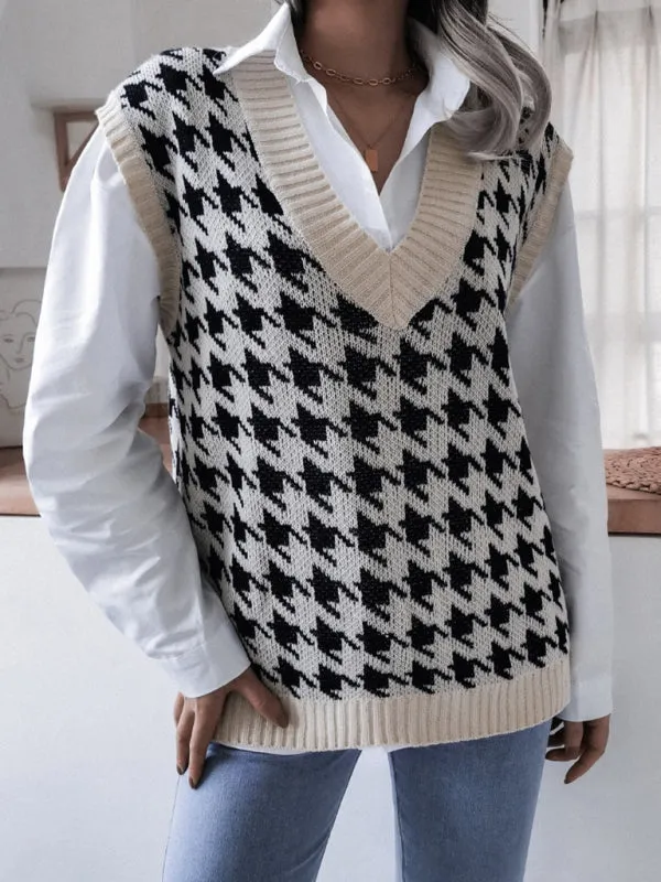 Knitted V Neck Sweater - Houndstooth Vest