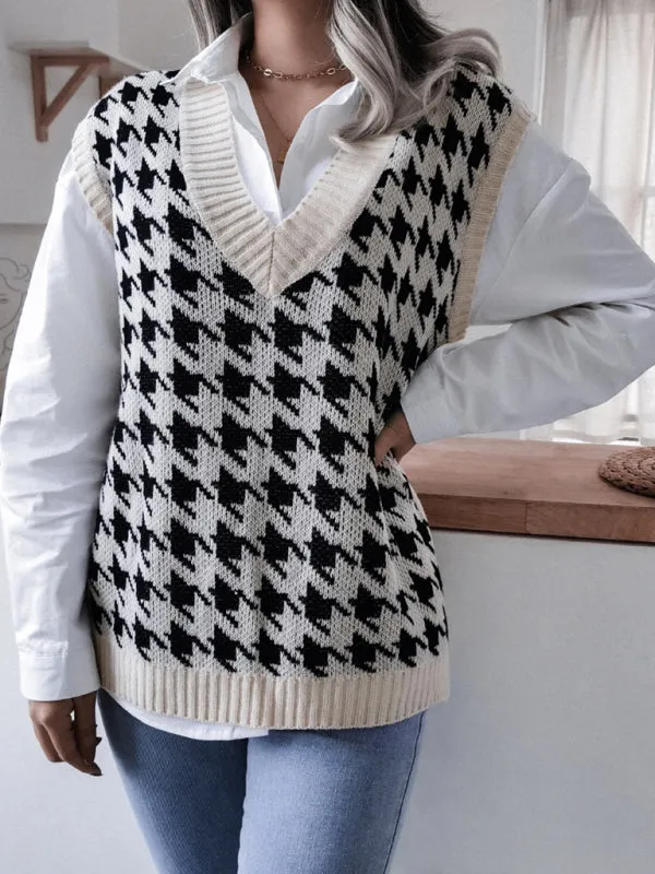 Knitted V Neck Sweater - Houndstooth Vest