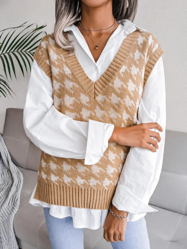 Knitted V Neck Sweater - Houndstooth Vest