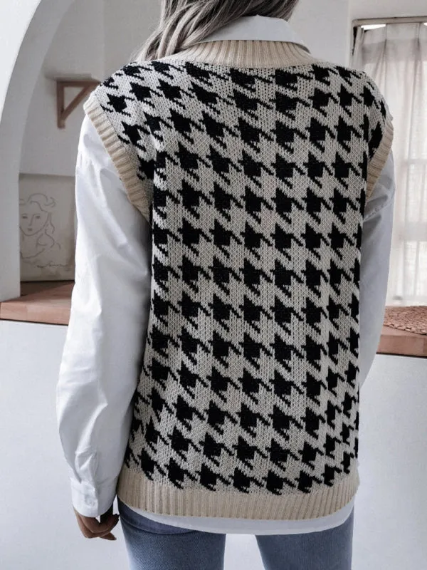 Knitted V Neck Sweater - Houndstooth Vest