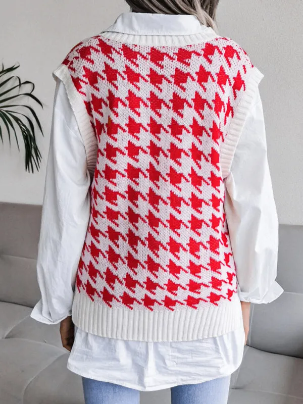 Knitted V Neck Sweater - Houndstooth Vest