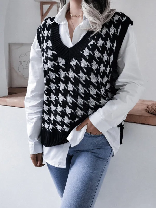 Knitted V Neck Sweater - Houndstooth Vest