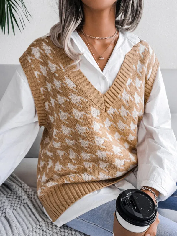 Knitted V Neck Sweater - Houndstooth Vest