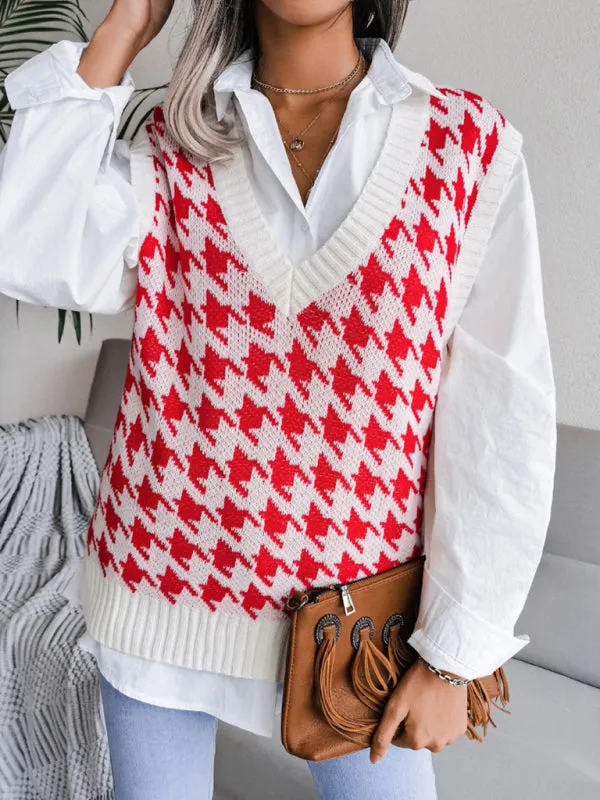 Knitted V Neck Sweater - Houndstooth Vest