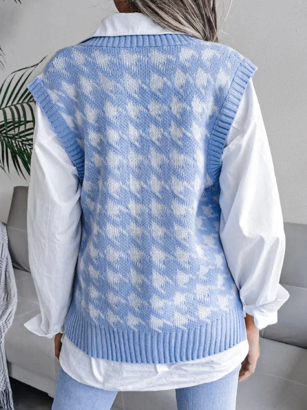 Knitted V Neck Sweater - Houndstooth Vest