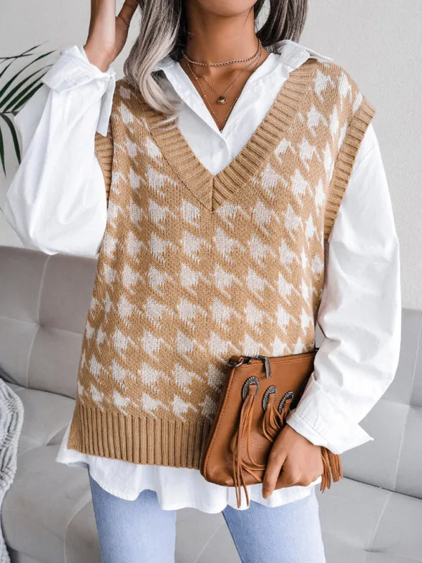 Knitted V Neck Sweater - Houndstooth Vest