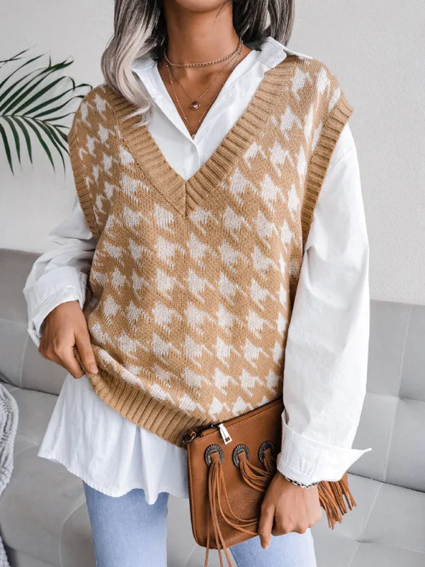 Knitted V Neck Sweater - Houndstooth Vest