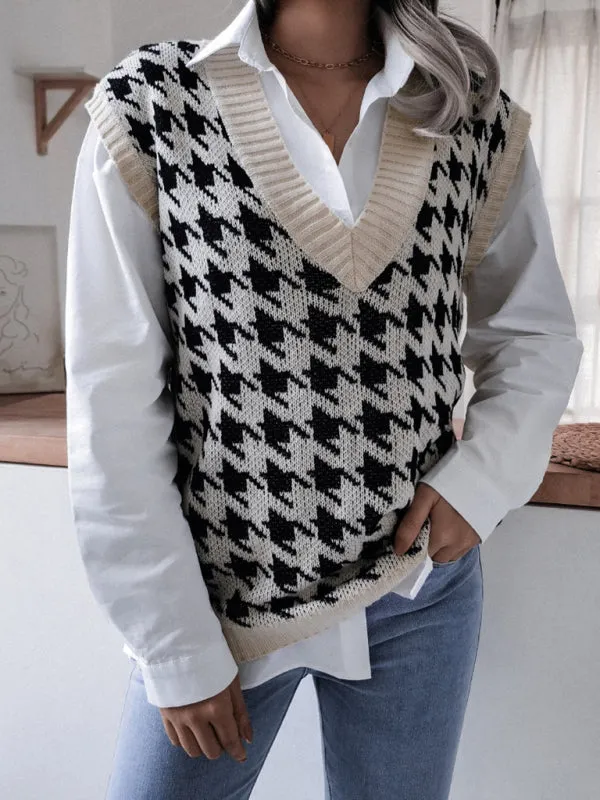 Knitted V Neck Sweater - Houndstooth Vest