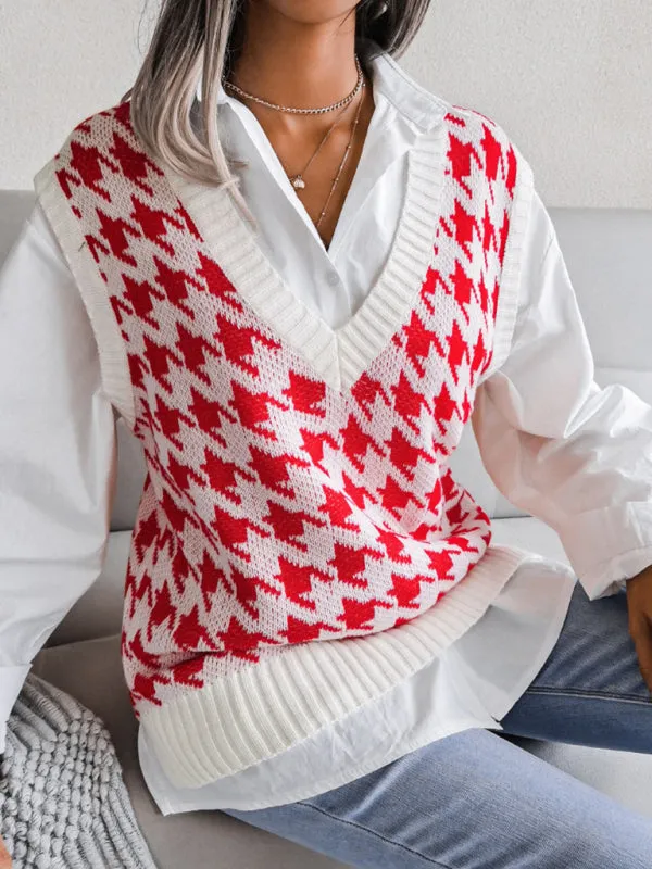 Knitted V Neck Sweater - Houndstooth Vest