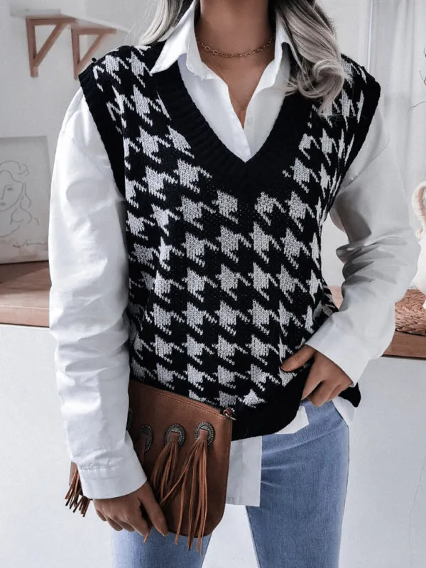 Knitted V Neck Sweater - Houndstooth Vest