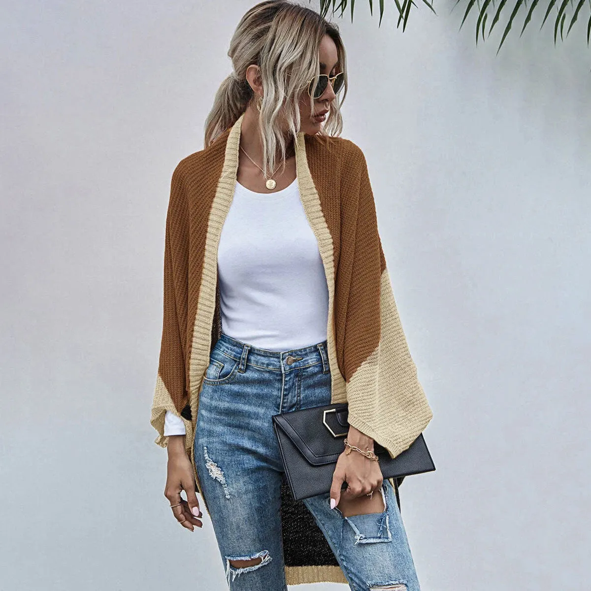 Leisure Color Panel Chunky Knit Open Front Batwing Sleeve Oversized Cape Cardigan