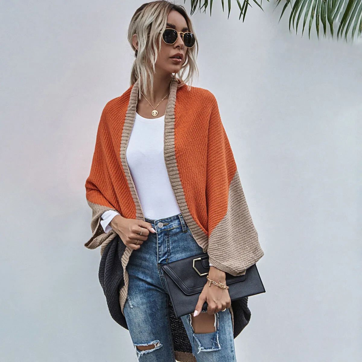 Leisure Color Panel Chunky Knit Open Front Batwing Sleeve Oversized Cape Cardigan